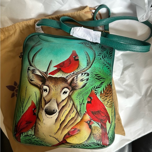 Anuschka Handbags - NWT Anuschka Hand Painted Leather Crossbody Bag Deer Cardinals